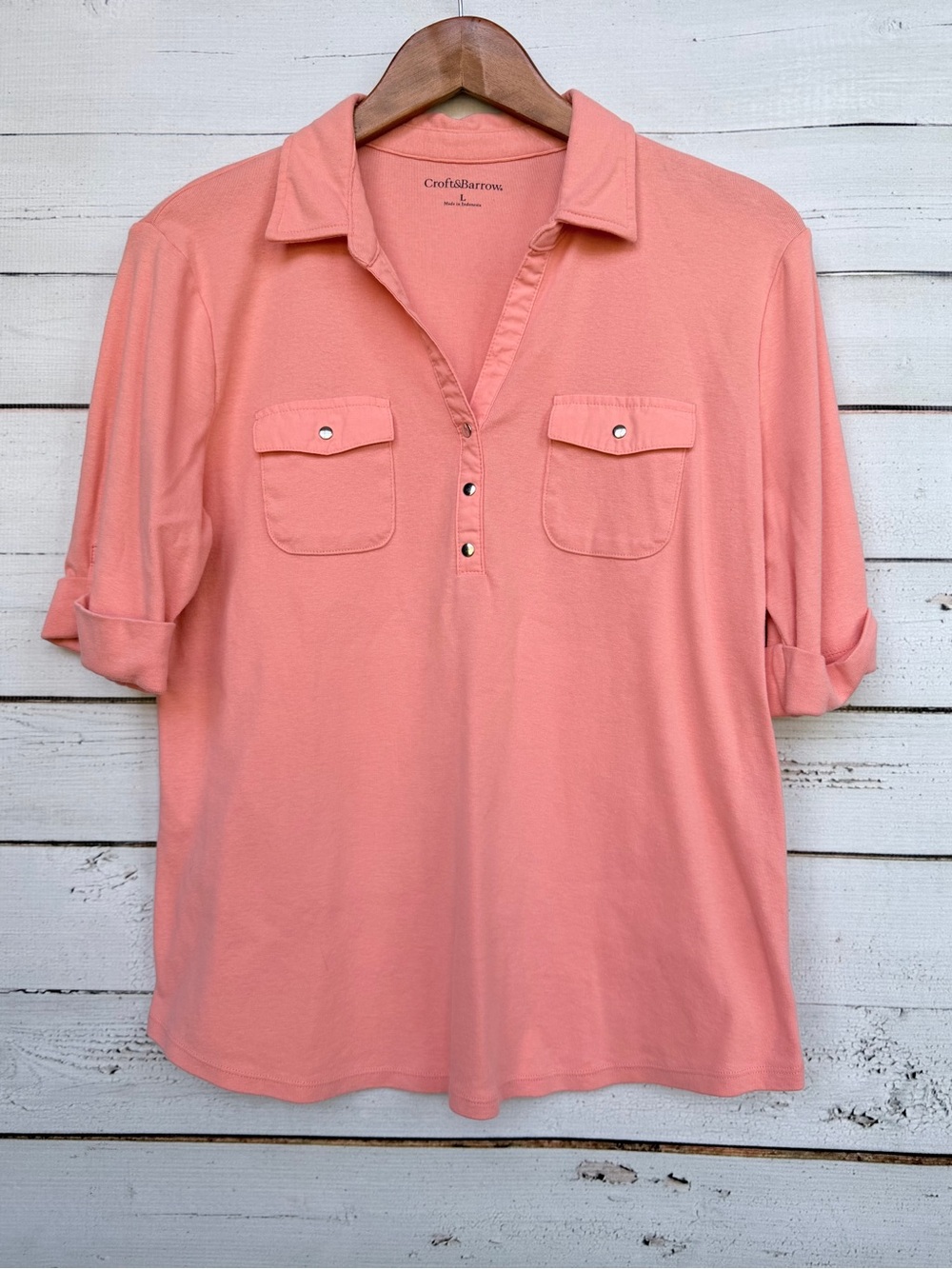 Croft & Barrow Roll Tab Sleeve Henley Button Collar Top Size Large